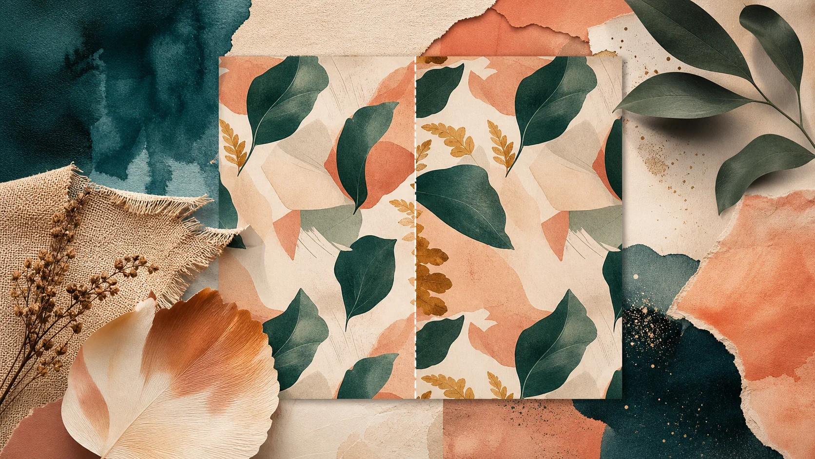 Haptische Papier- und Blattcollage als nahtloses Rapportmuster