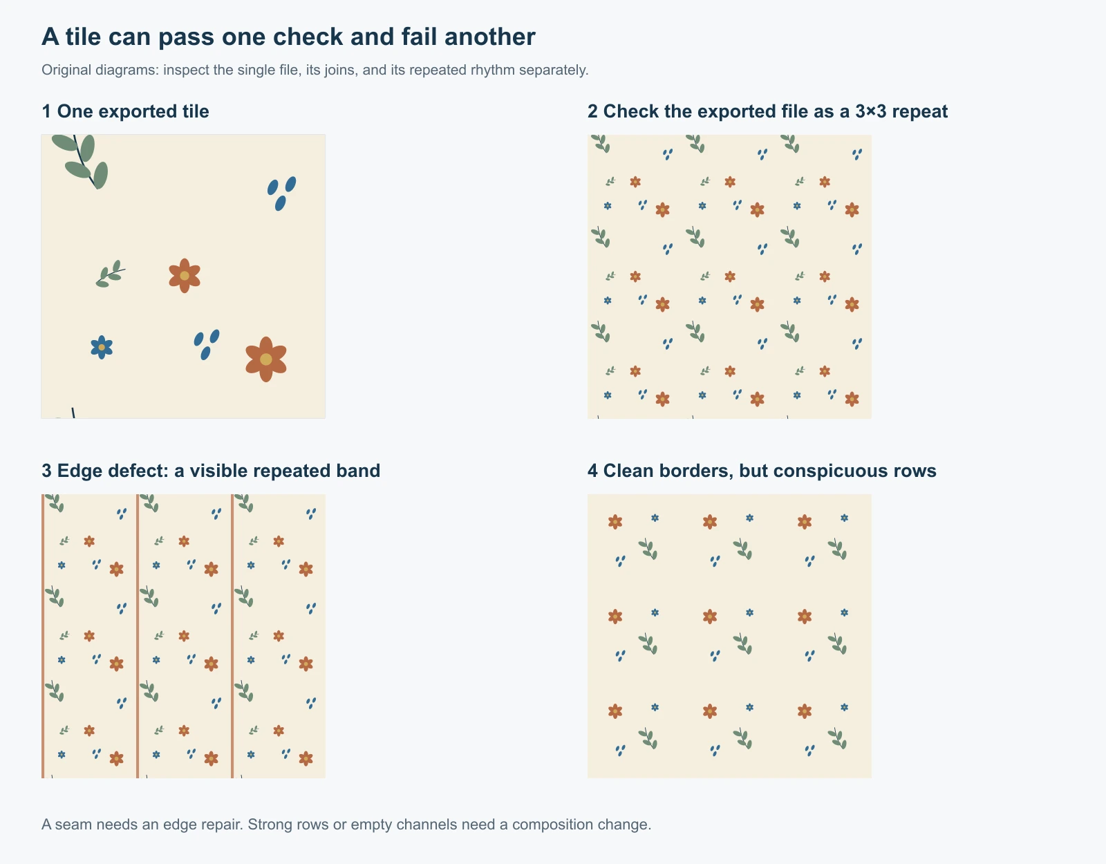 Original comparison diagram showing a single tile, a repeated grid, an edge defect, and a pattern whose borders match but whose large motifs form visible rows